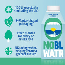 Load image into Gallery viewer, NOBL WATR 24 x 500ml - NOBL WATR UK spring water helping create a greener future. 100% recyclable. (including the lid) 94% plant based packaging 1 tree planted for every 12 drinks sold.