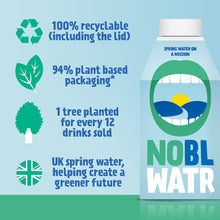 Load image into Gallery viewer, NOBL WATR 24 x 500ml - NOBL WATR UK spring water helping create a greener future. 100% recyclable. (including the lid) 94% plant based packaging 1 tree planted for every 12 drinks sold.
